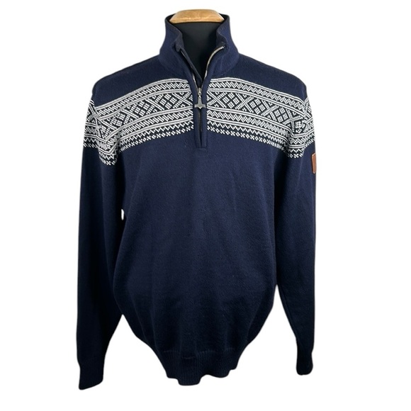 Dale of Norway 100% Wool Navy & White Nordic Fair Isle 1/4 Zip Sweater Size XL
